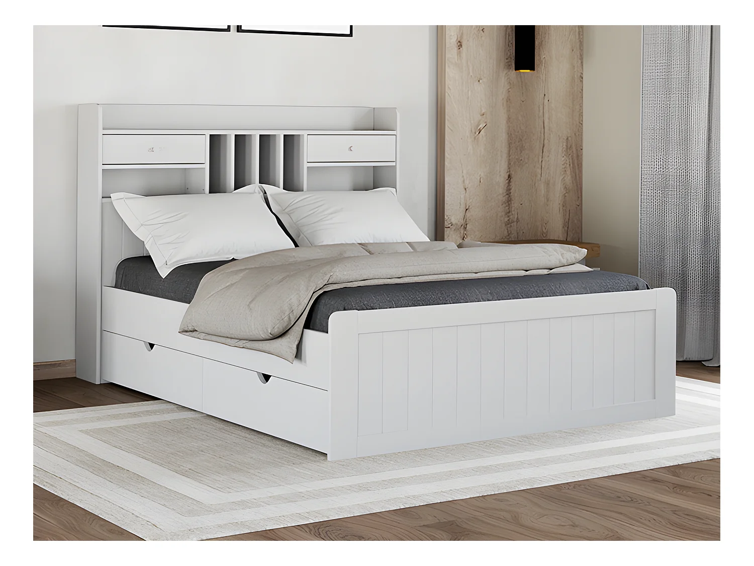 Lit avec rangements 140 x 190 cm - Pin - Blanc + Sommier + Matelas - MEDERICK