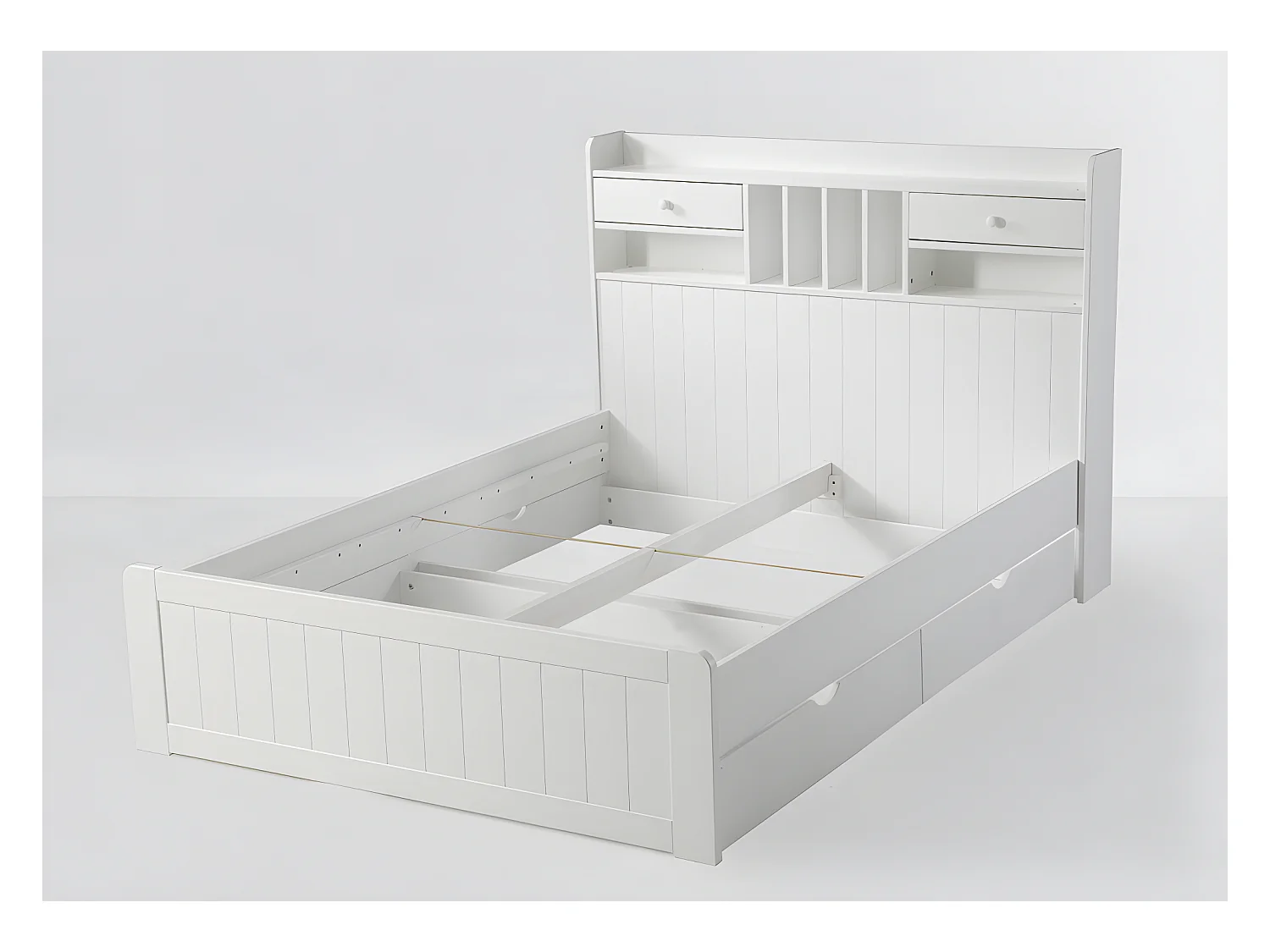 Lit avec rangements 140 x 190 cm - Pin - Blanc + Sommier + Matelas - MEDERICK
