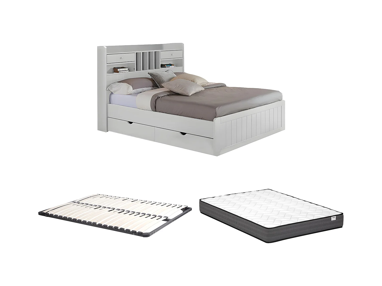 Lit avec rangements 140 x 190 cm - Pin - Blanc + Sommier + Matelas - MEDERICK