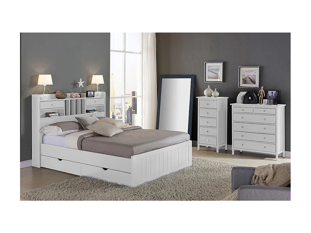 Lit avec rangements 140 x 190 cm - Pin - Blanc + Sommier + Matelas - MEDERICK