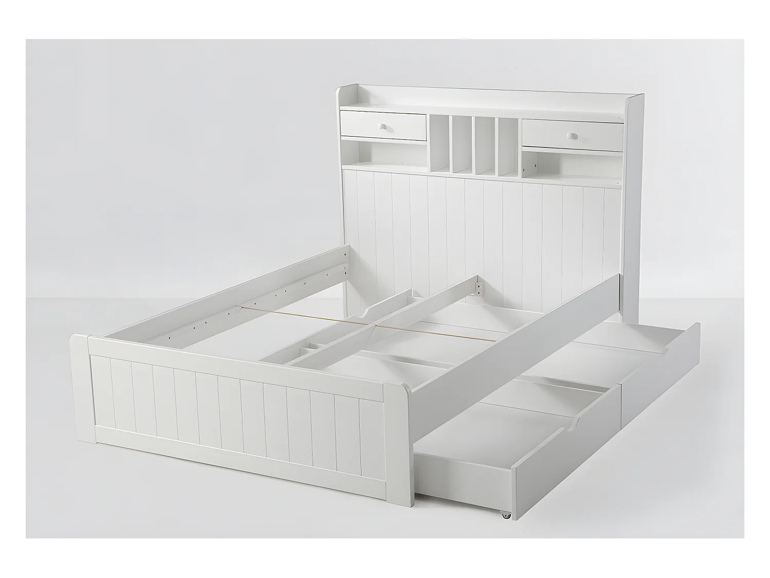 Lit avec rangements 140 x 190 cm - Pin - Blanc + Sommier + Matelas - MEDERICK