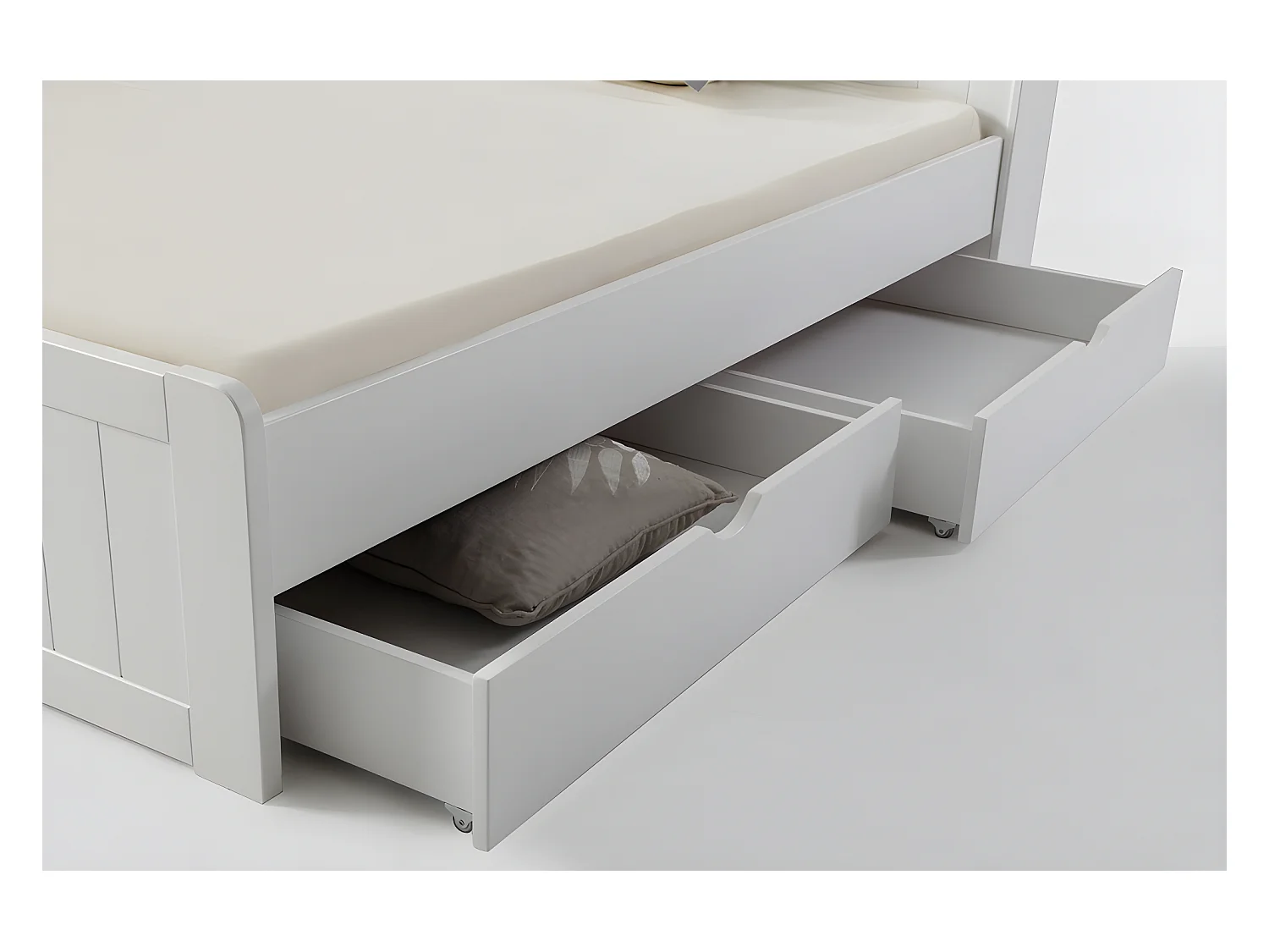 Lit avec rangements 140 x 190 cm - Pin - Blanc + Sommier + Matelas - MEDERICK