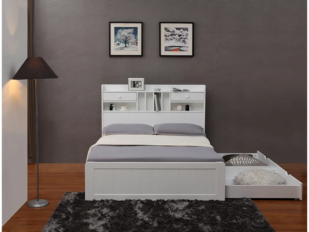 Lit avec rangements 140 x 190 cm - Pin - Blanc + Sommier + Matelas - MEDERICK