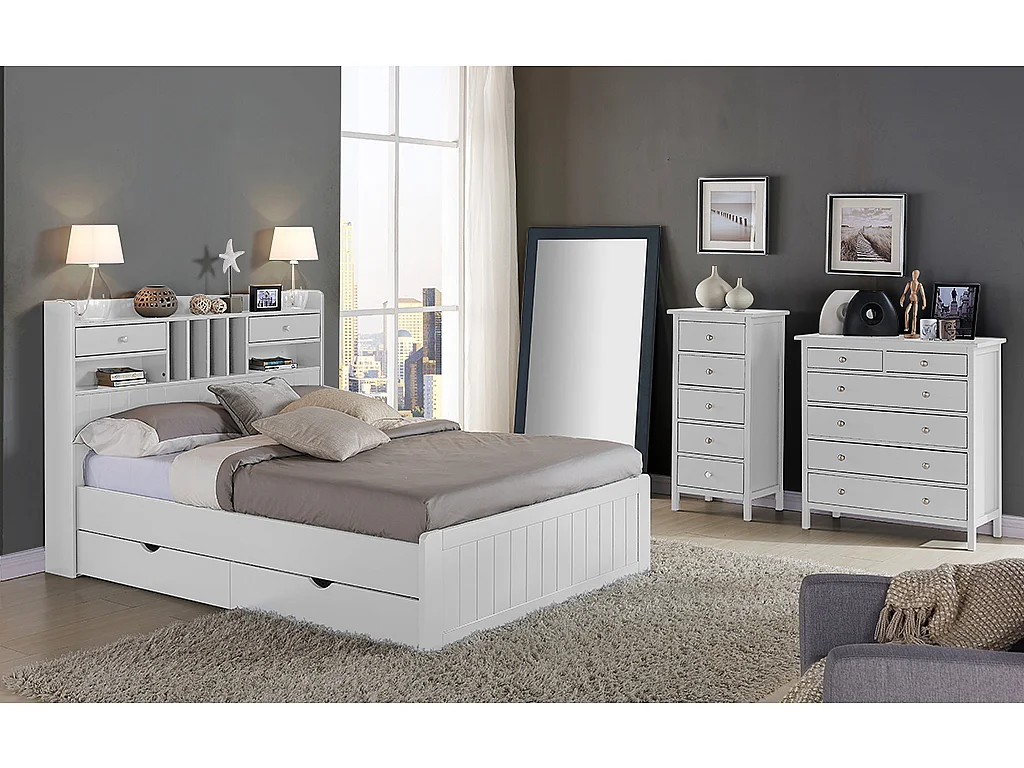 Lit avec rangements 140 x 190 cm - Pin - Blanc + Sommier + Matelas - MEDERICK