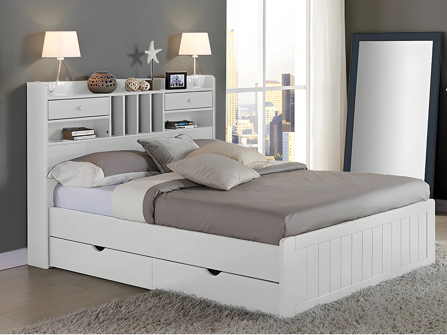 Lit avec rangements 140 x 190 cm - Pin - Blanc + Sommier + Matelas - MEDERICK