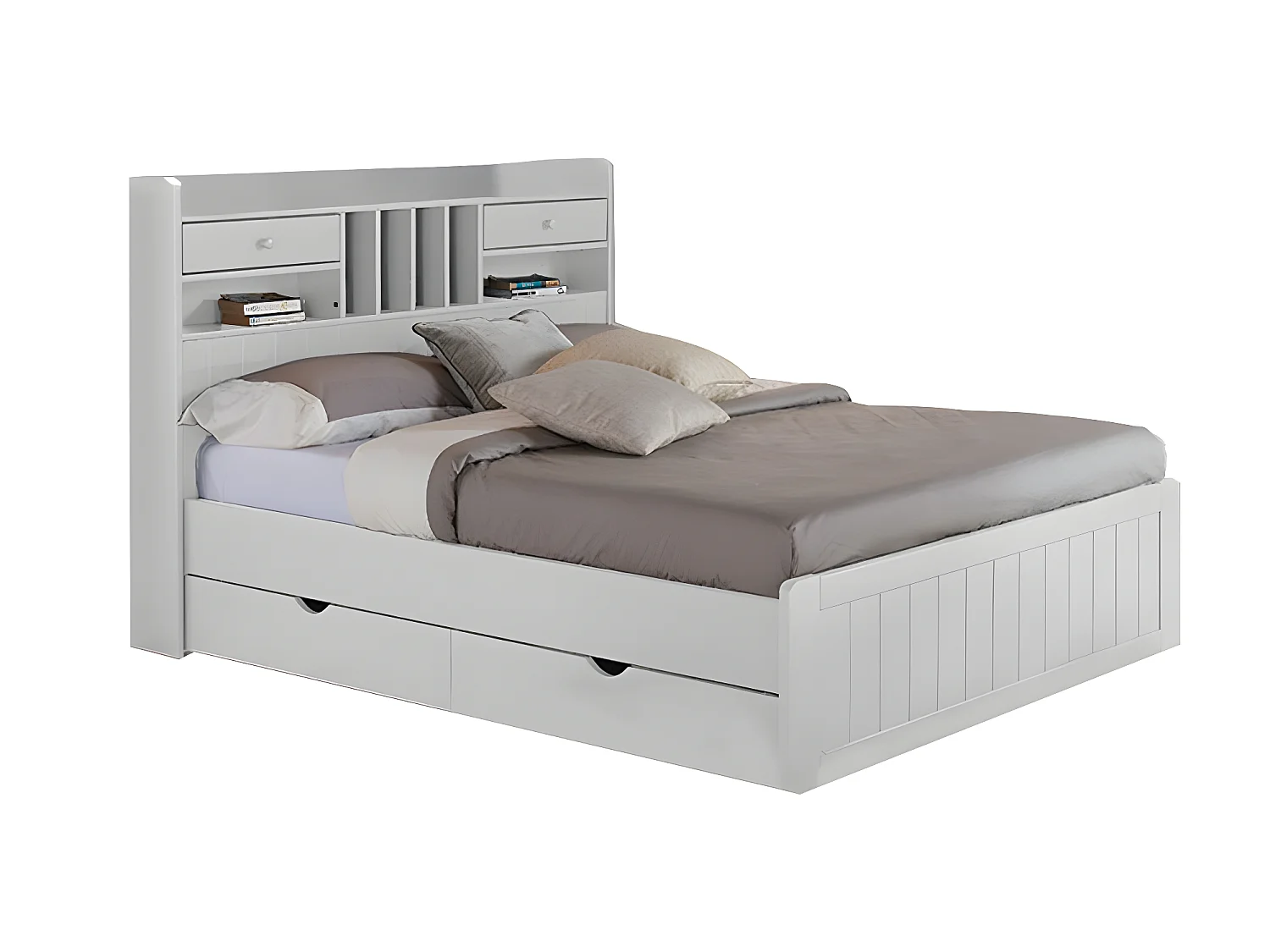 Lit avec rangements 140 x 190 cm - Pin - Blanc + Sommier + Matelas - MEDERICK