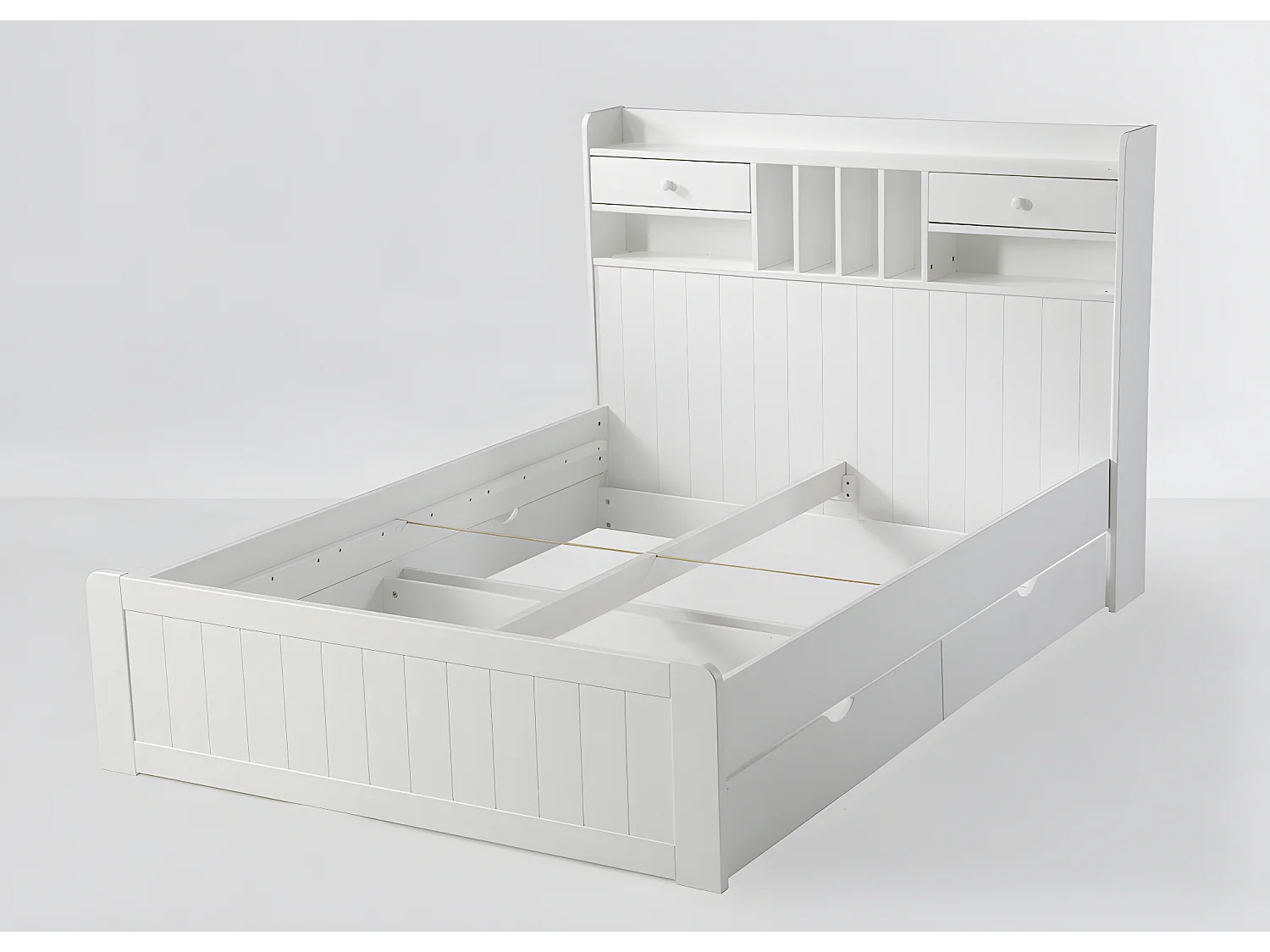 Lit avec rangements 140 x 190 cm - Pin - Blanc + Sommier + Matelas - MEDERICK