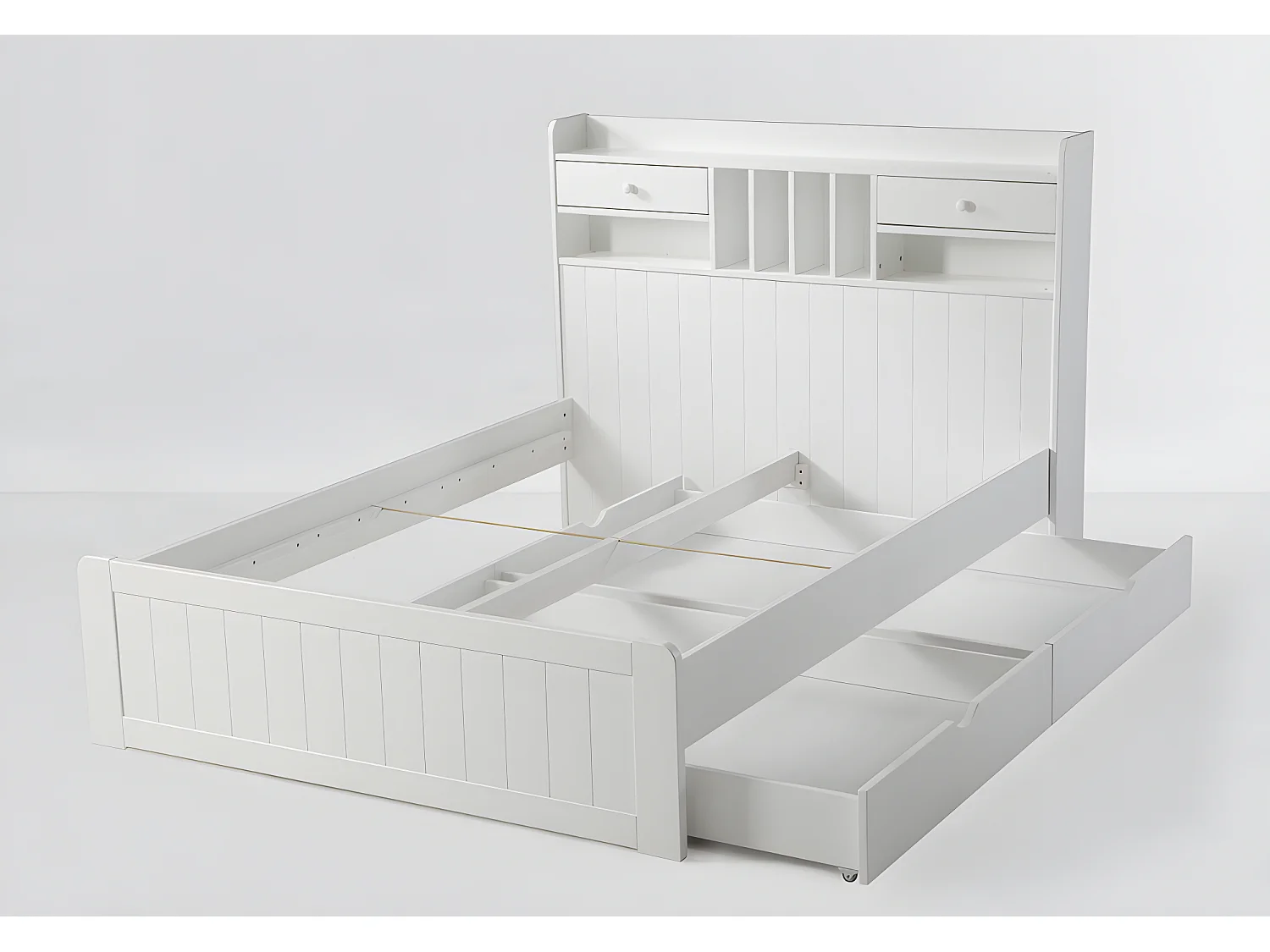 Lit avec rangements 140 x 190 cm - Pin - Blanc + Sommier + Matelas - MEDERICK