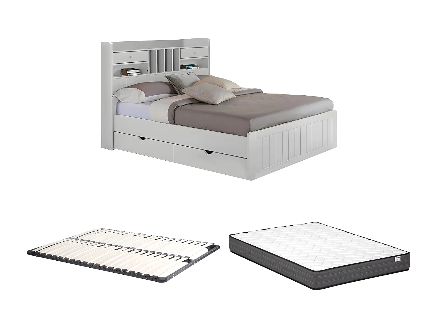 Lit avec rangements 140 x 190 cm - Pin - Blanc + Sommier + Matelas - MEDERICK