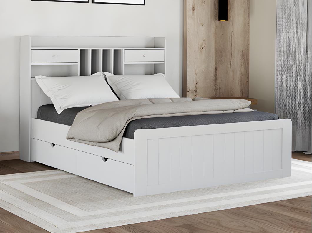 Lit avec rangements 140 x 190 cm - Pin - Blanc + Sommier + Matelas - MEDERICK