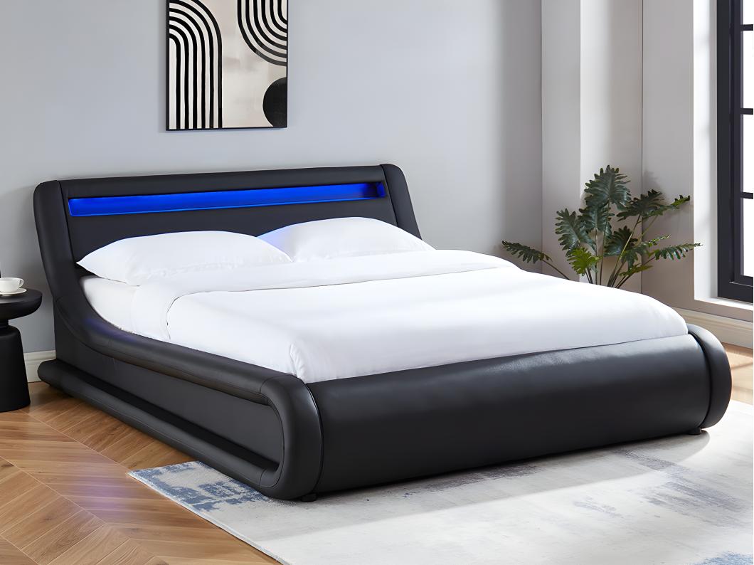 Bed met opbergruimte 160 x 200 cm - Met ledverlichting - Kunstleer - Zwart + matras - IRIS II