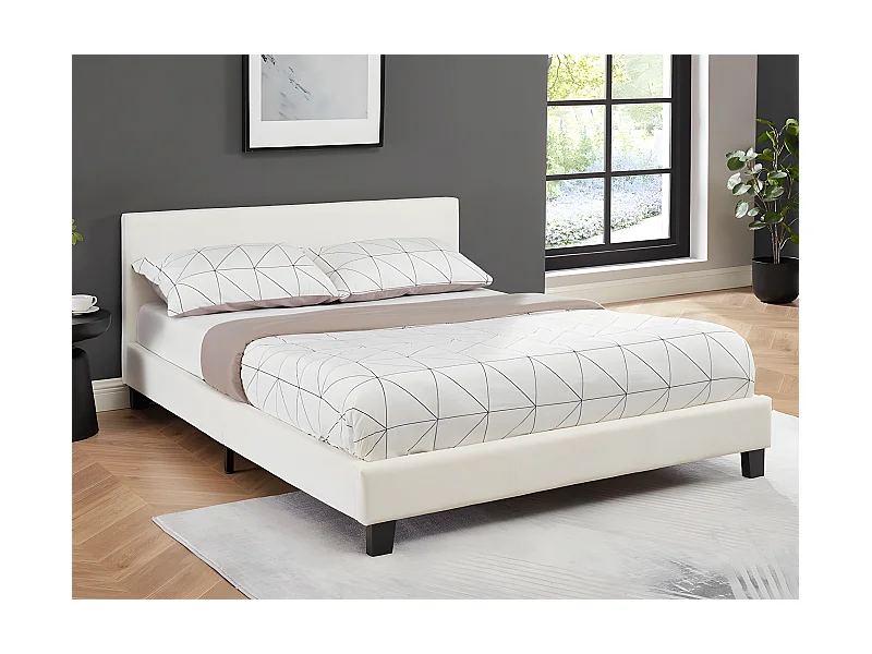 Lit 140 x 190 cm - Simili - Blanc + Matelas - CORNELIUS II