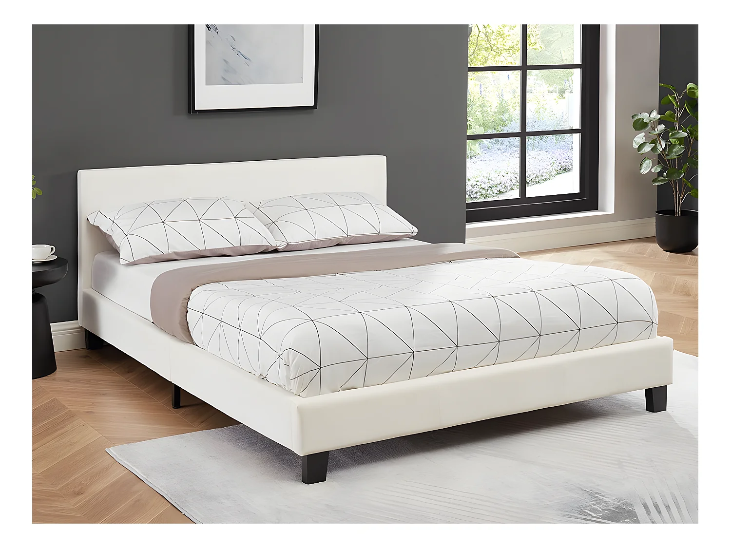 Lit 140 x 190 cm - Simili - Blanc + Matelas - CORNELIUS II