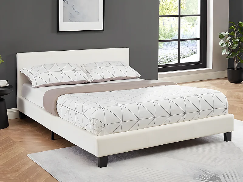 Lit 140 x 190 cm - Simili - Blanc + Matelas - CORNELIUS II