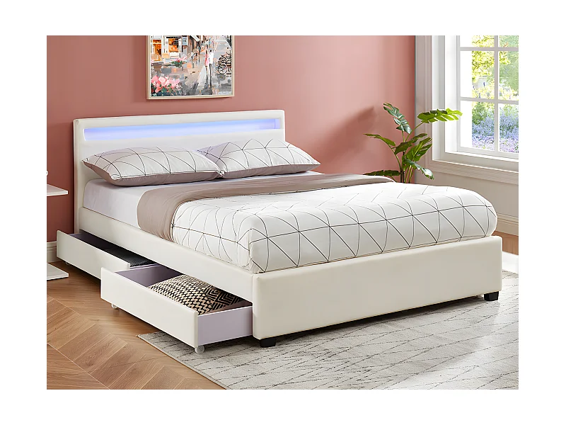 Cama 140 x 190 cm con compartimentos - Piel sintética blanca con LEDs + colchón - ALOIS II