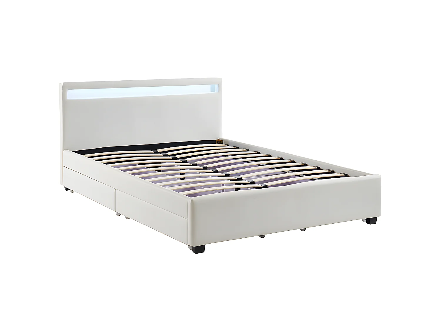 Bed 140 x 190 cm met opbergruimte - Wit kunstleer met ledlampen + matras - ALOIS II