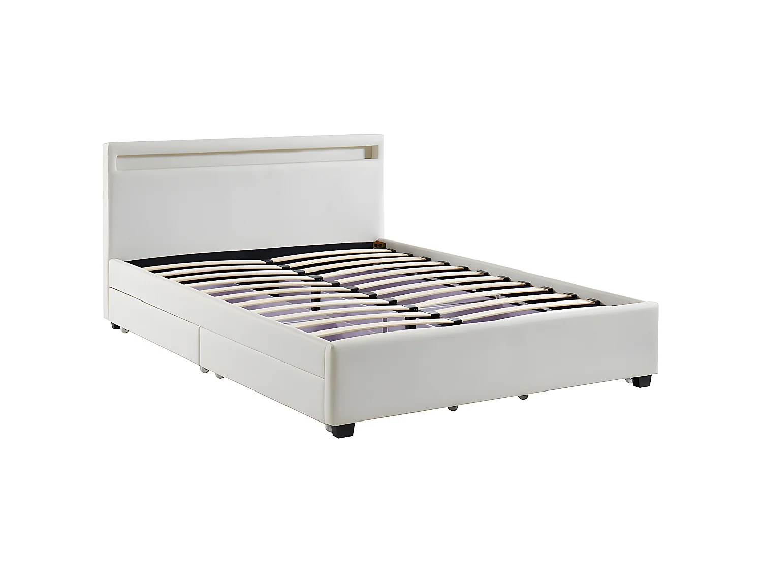 Bed 140 x 190 cm met opbergruimte - Wit kunstleer met ledlampen + matras - ALOIS II