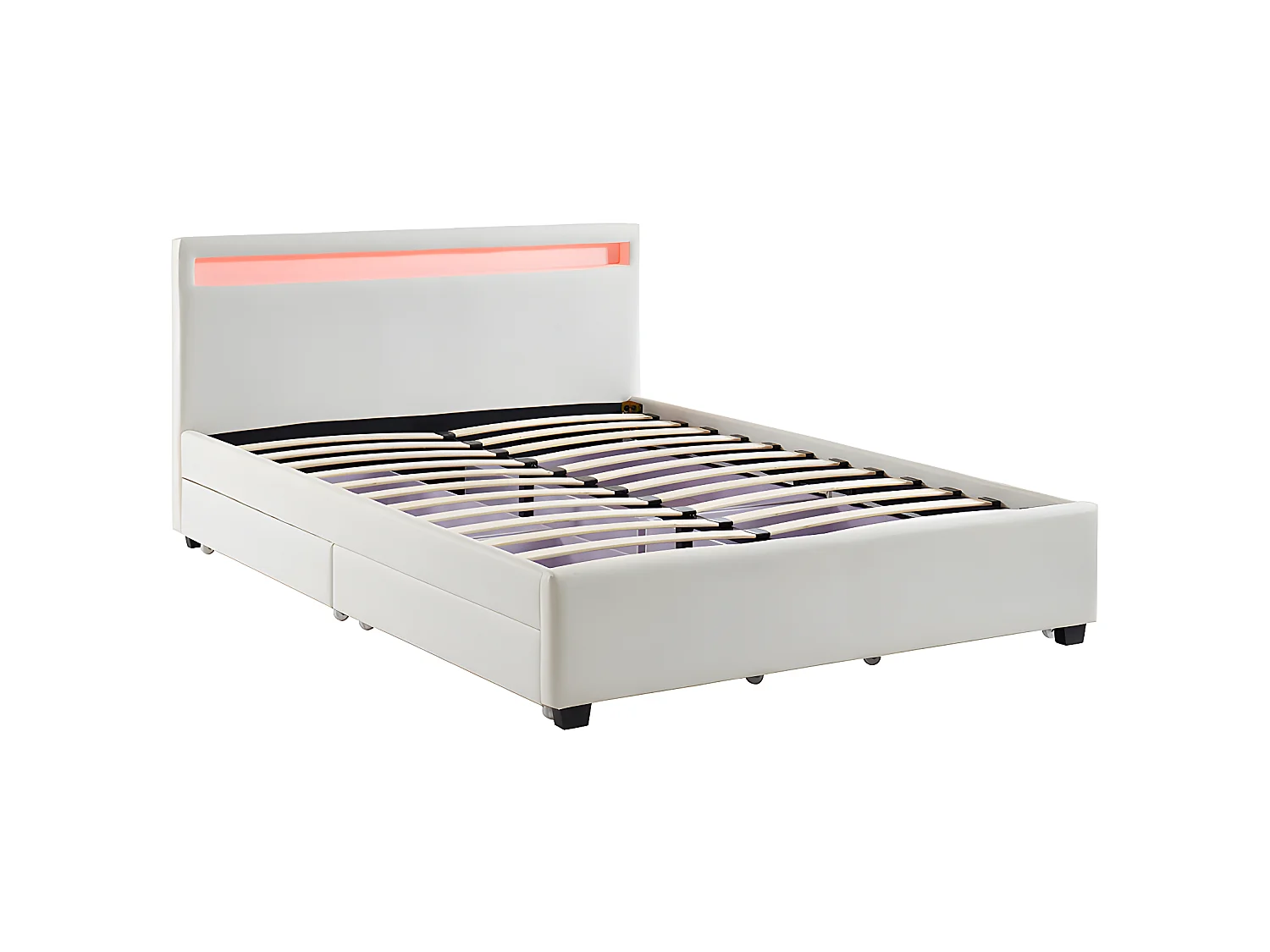 Bed 140 x 190 cm met opbergruimte - Wit kunstleer met ledlampen + matras - ALOIS II