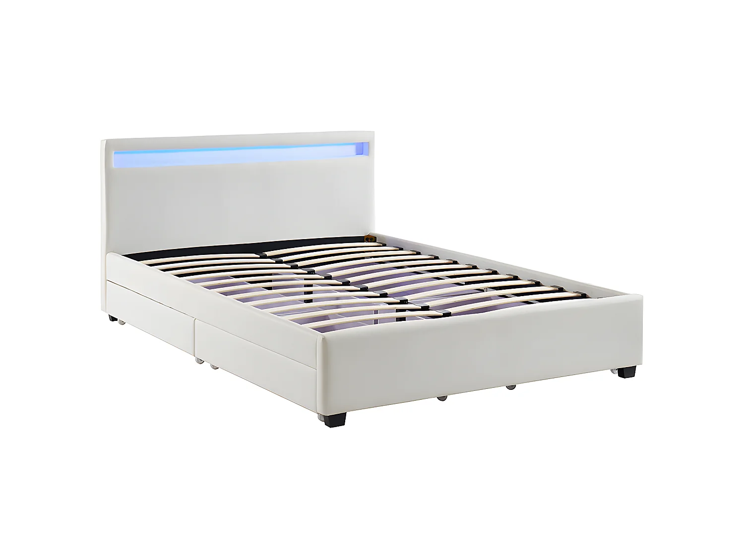 Bed 140 x 190 cm met opbergruimte - Wit kunstleer met ledlampen + matras - ALOIS II