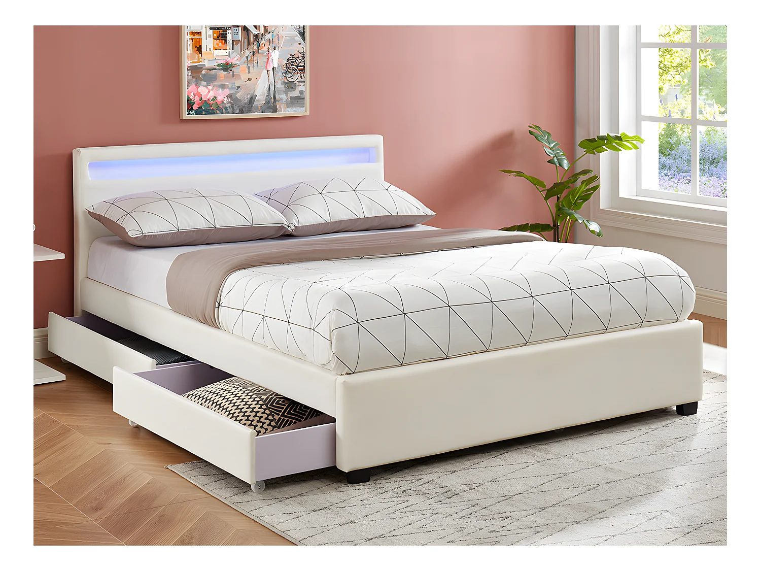 Bed 140 x 190 cm met opbergruimte - Wit kunstleer met ledlampen + matras - ALOIS II