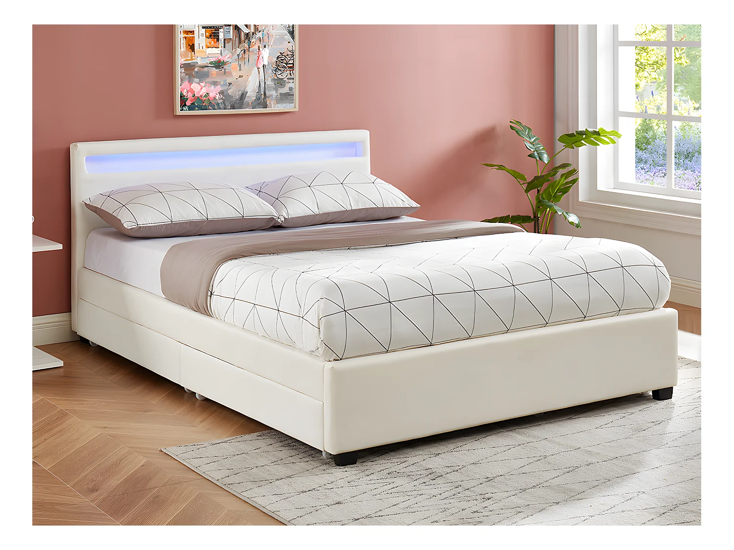 Bed 140 x 190 cm met opbergruimte - Wit kunstleer met ledlampen + matras - ALOIS II