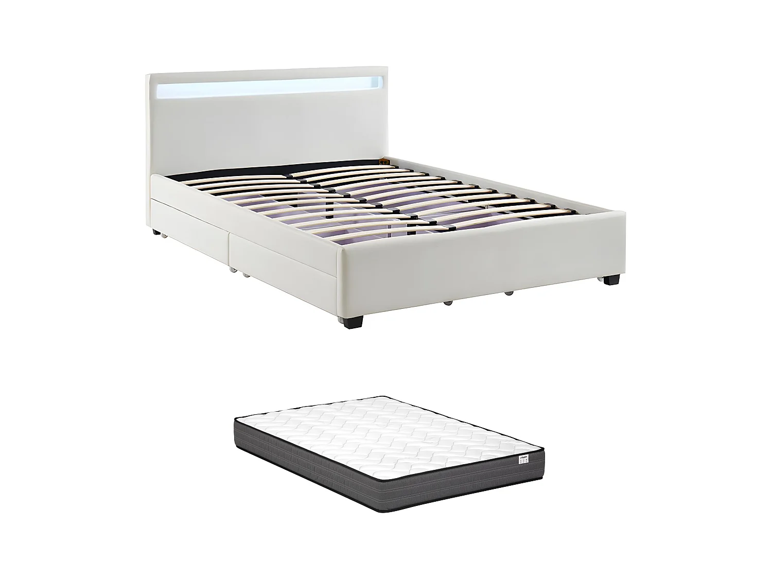 Bed 140 x 190 cm met opbergruimte - Wit kunstleer met ledlampen + matras - ALOIS II