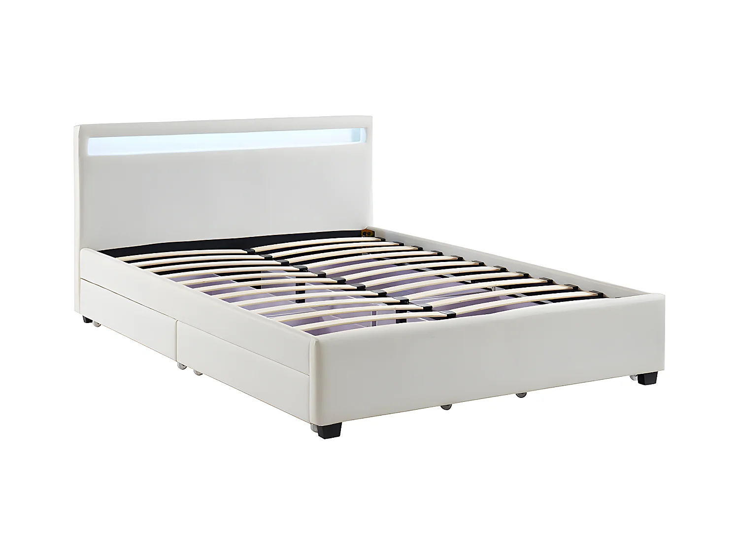 Bett mit Stauraum & LED-Beleuchtung - Kunstleder - 140 x 190 cm - Weiß + Matratze - ALOIS II