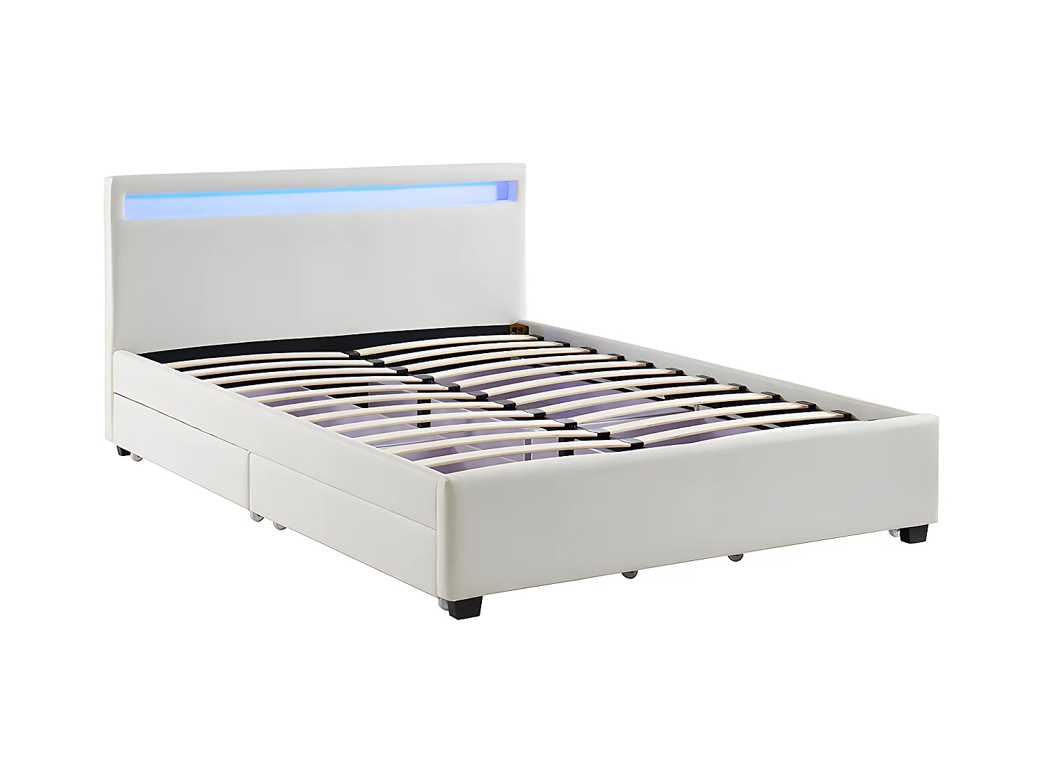 Bett mit Stauraum & LED-Beleuchtung - Kunstleder - 140 x 190 cm - Weiß + Matratze - ALOIS II