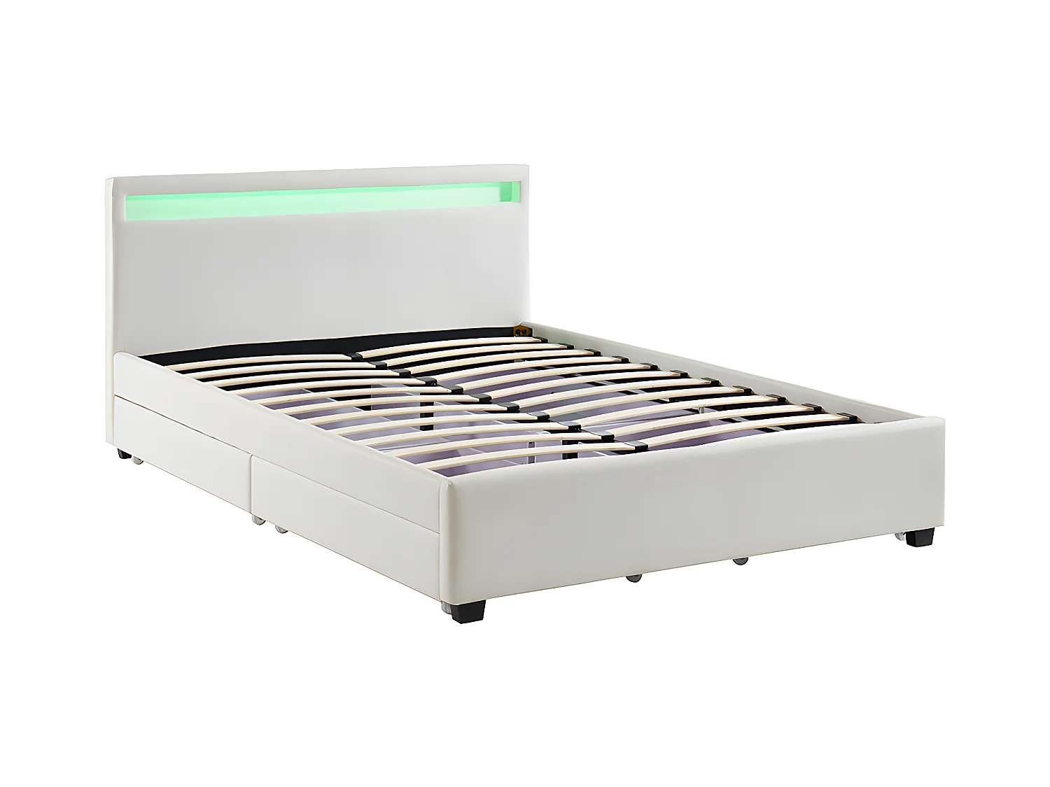 Bett mit Stauraum & LED-Beleuchtung - Kunstleder - 140 x 190 cm - Weiß + Matratze - ALOIS II