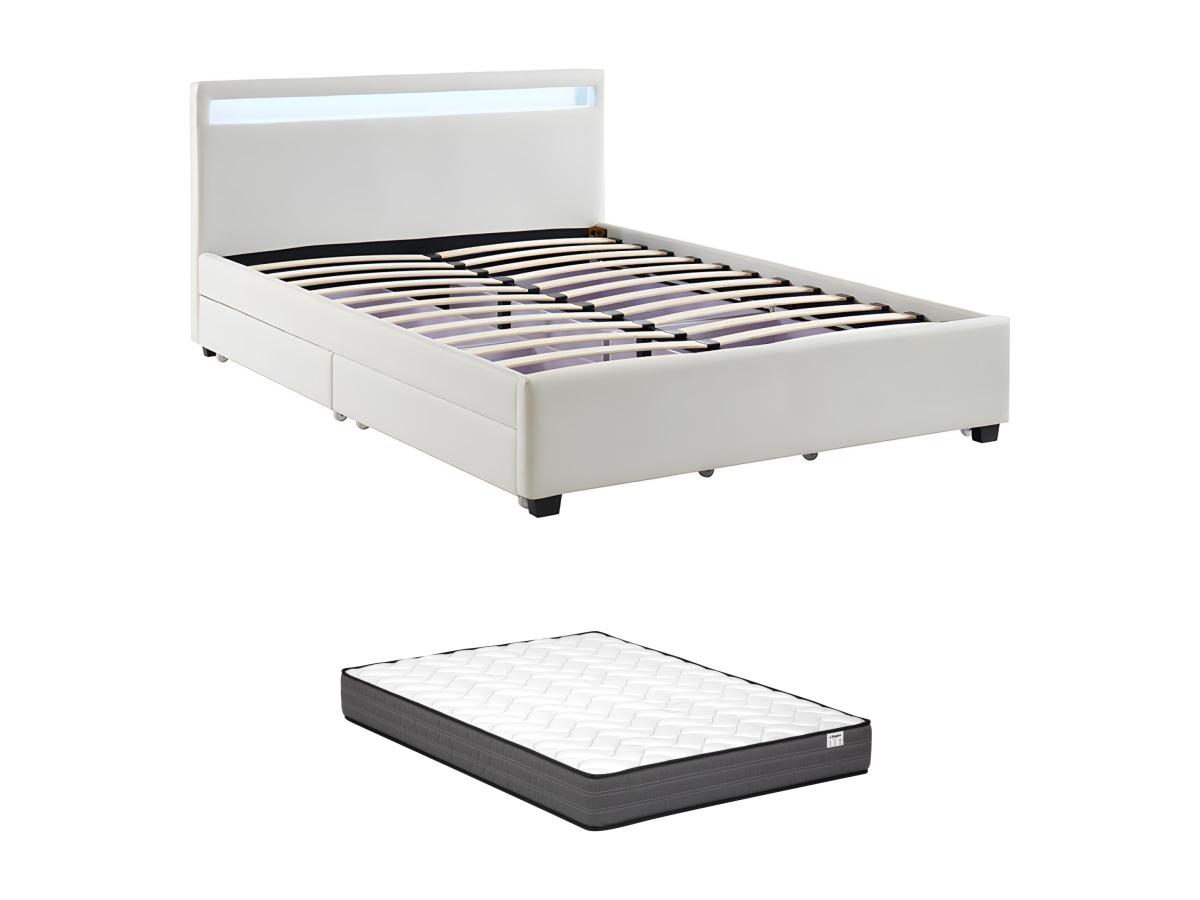 Bett mit Stauraum & LED-Beleuchtung - Kunstleder - 160 x 200 cm - Weiß + Ma günstig online kaufen