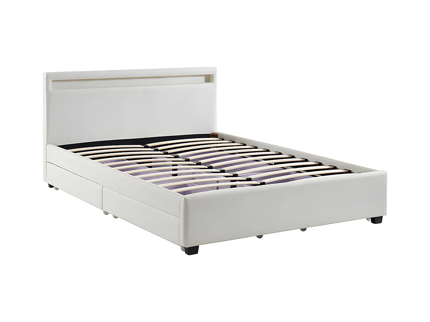 Łóżko 160 × 200 cm z ze skrzynią  – ekoskóra białe z oświetleniem LED + Materac – ALOIS II