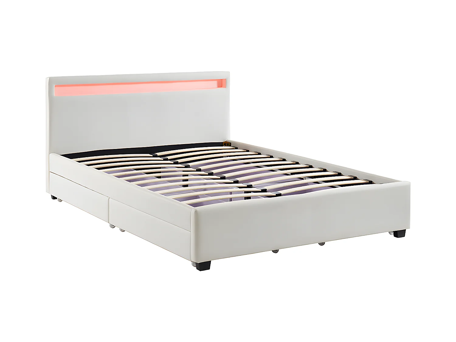 Łóżko 160 × 200 cm z ze skrzynią  – ekoskóra białe z oświetleniem LED + Materac – ALOIS II