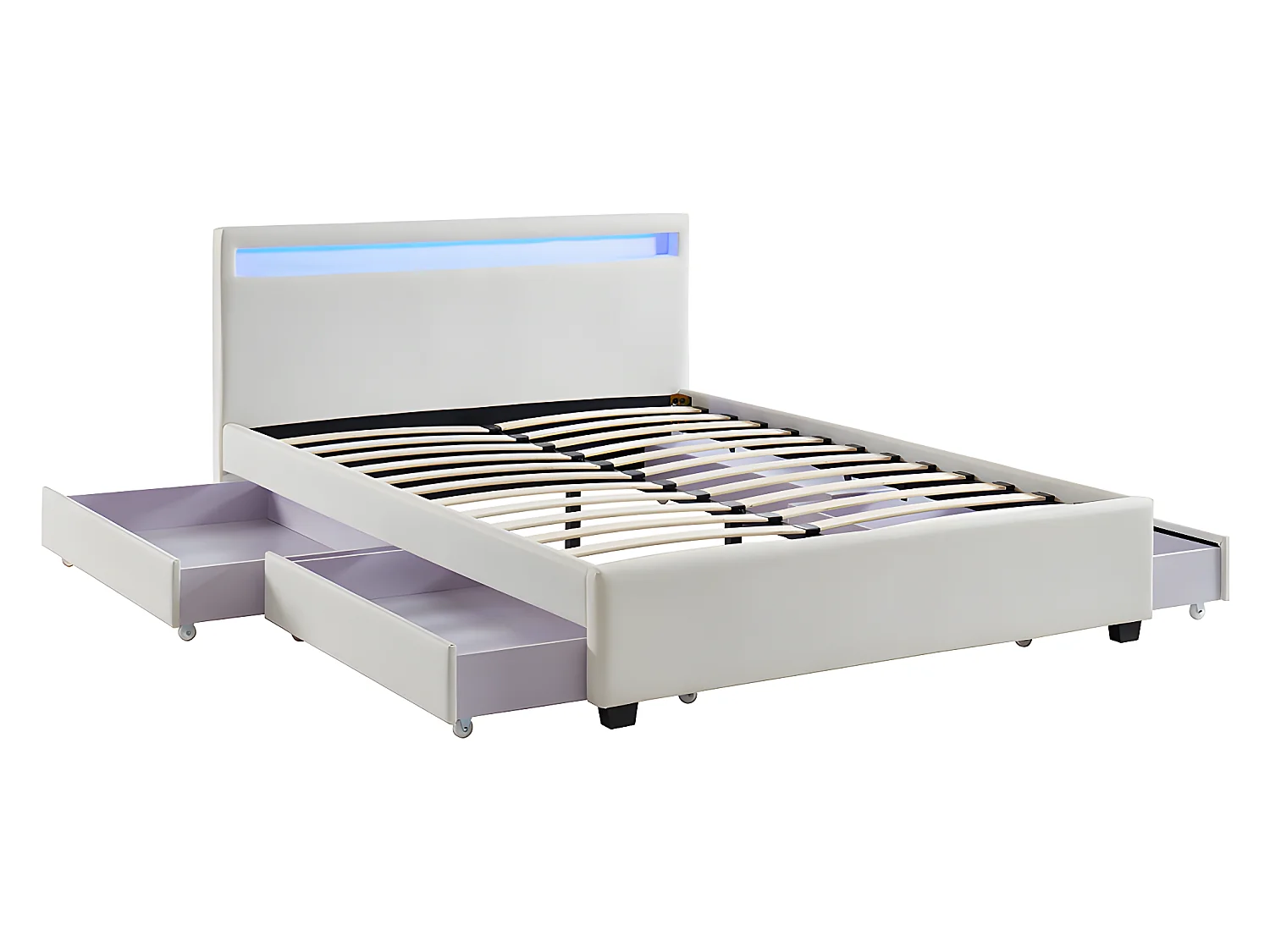 Łóżko 160 × 200 cm z ze skrzynią  – ekoskóra białe z oświetleniem LED + Materac – ALOIS II