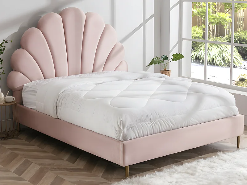 Lit coquillage 160 x 200 cm - Velours - Rose + Matelas - LIVAYA