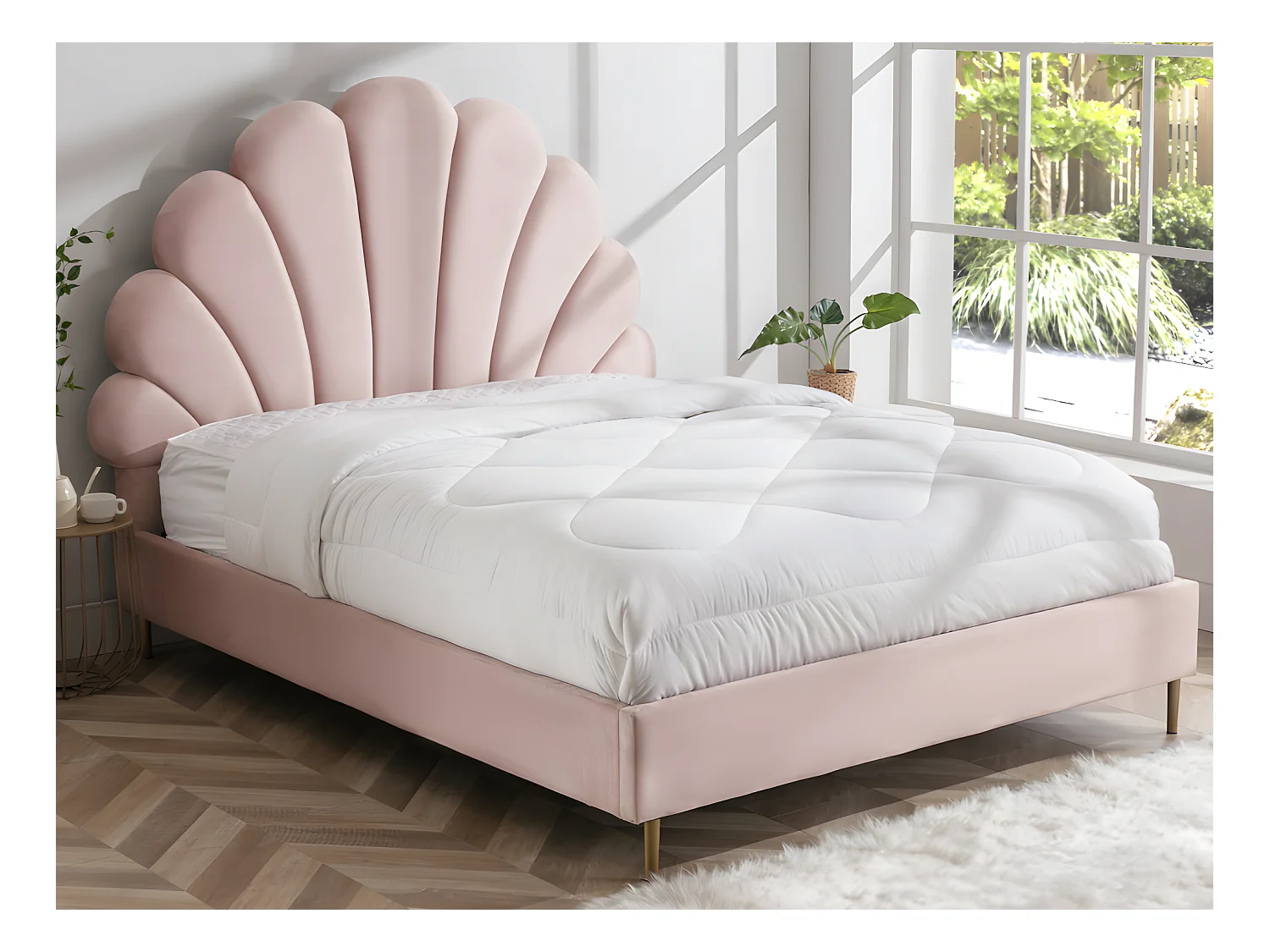 Lit coquillage 160 x 200 cm - Velours - Rose + Matelas - LIVAYA
