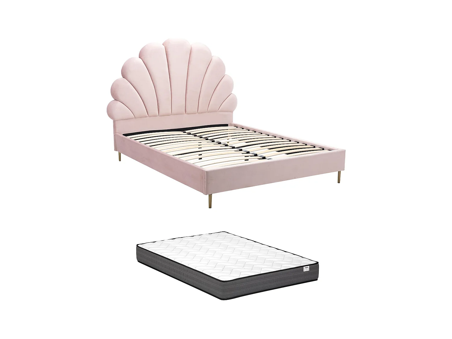 Lit coquillage 160 x 200 cm - Velours - Rose + Matelas - LIVAYA