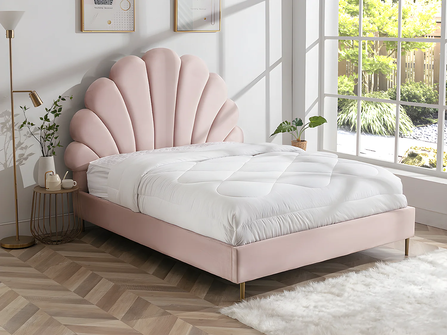 Lit coquillage 160 x 200 cm - Velours - Rose + Matelas - LIVAYA
