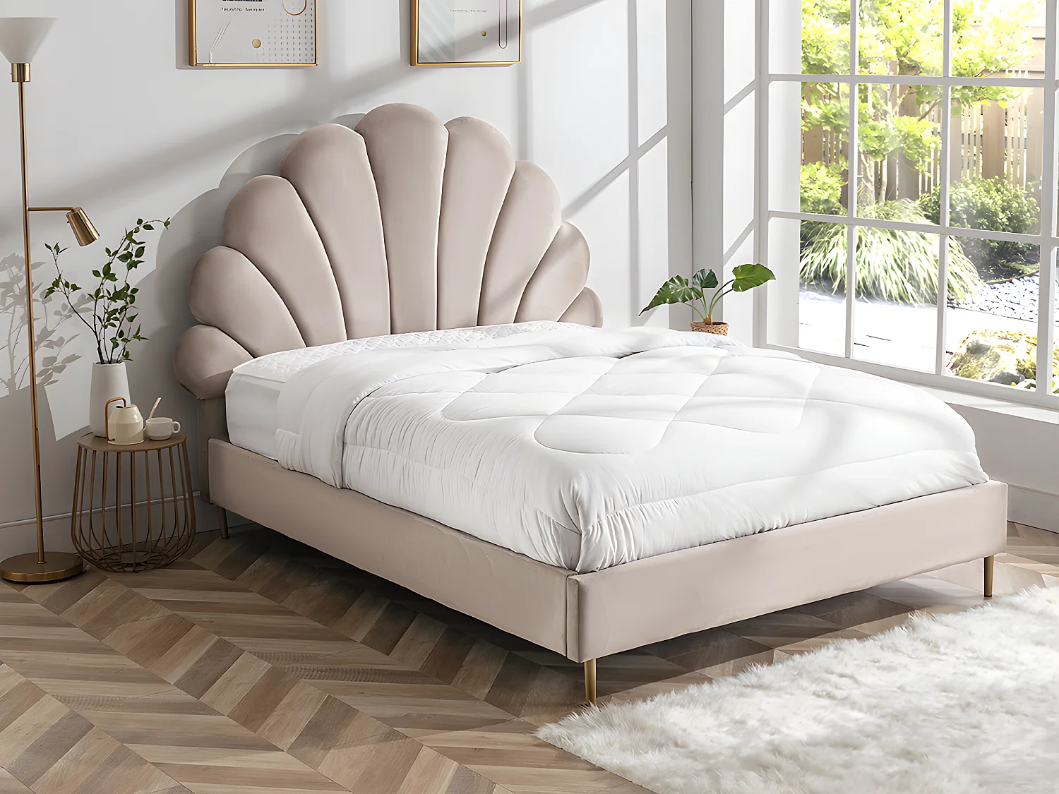 Lit coquillage 160 x 200 cm - Velours - Beige + Matelas - LIVAYA