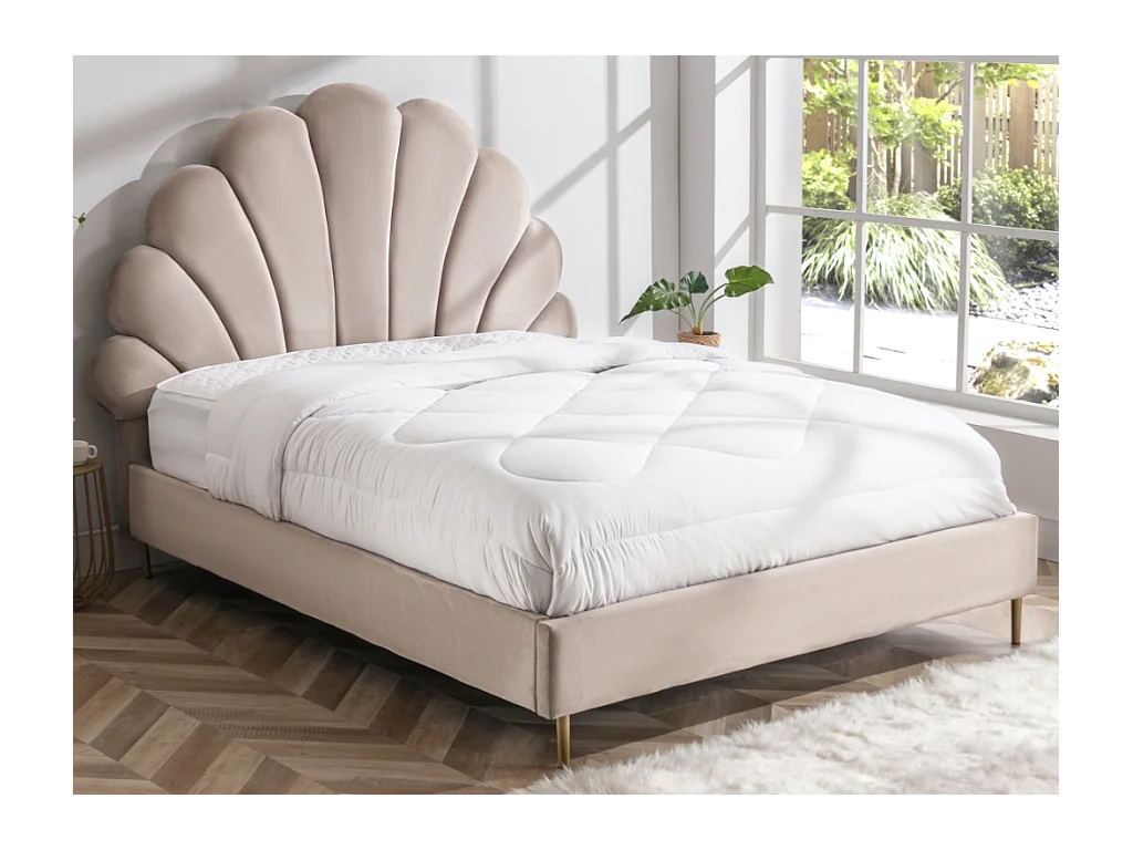 Lit coquillage 160 x 200 cm - Velours - Beige + Matelas - LIVAYA