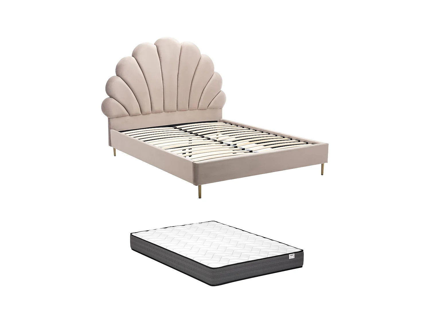 Lit coquillage 160 x 200 cm - Velours - Beige + Matelas - LIVAYA