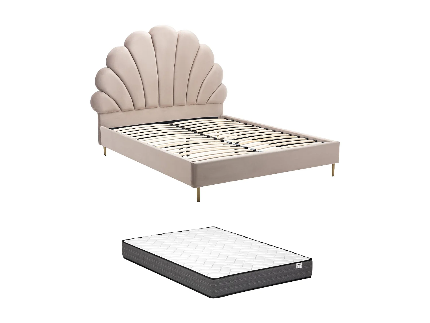 Lit coquillage 160 x 200 cm - Velours - Beige + Matelas - LIVAYA