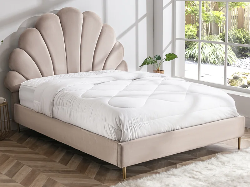 Bett mit Kopfteil in Muschelform + Matratze - 160 x 200 cm - Samt - Beige - LIVAYA
