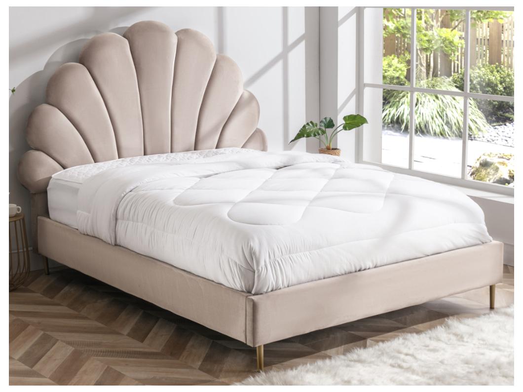 Bett mit Kopfteil in Muschelform + Matratze - 160 x 200 cm - Samt - Beige - LIVAYA