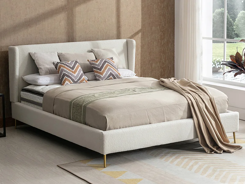 Lit 140 x 190 cm - Tissu effet bouclettes - Ecru + Matelas - UPILIA