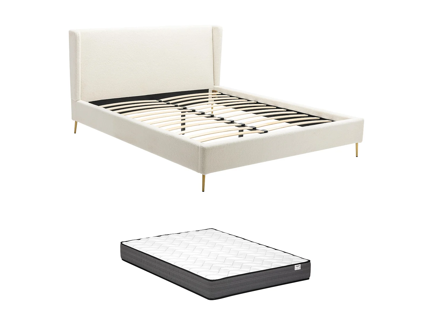 Łóżko 140 x 190 cm – Tkanina boucle – Ecru +Materac – UPILIA