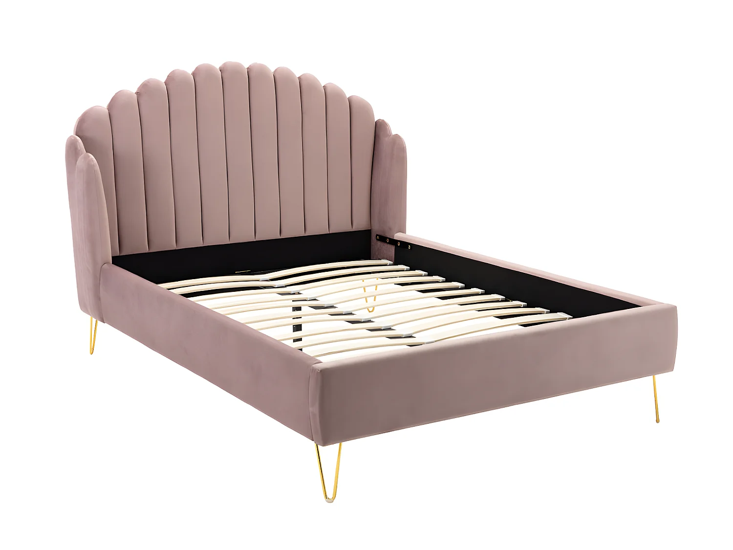 Lit 160 x 200 cm avec tête de lit ondulée - Velours - Vieux rose + Matelas - SAGALI