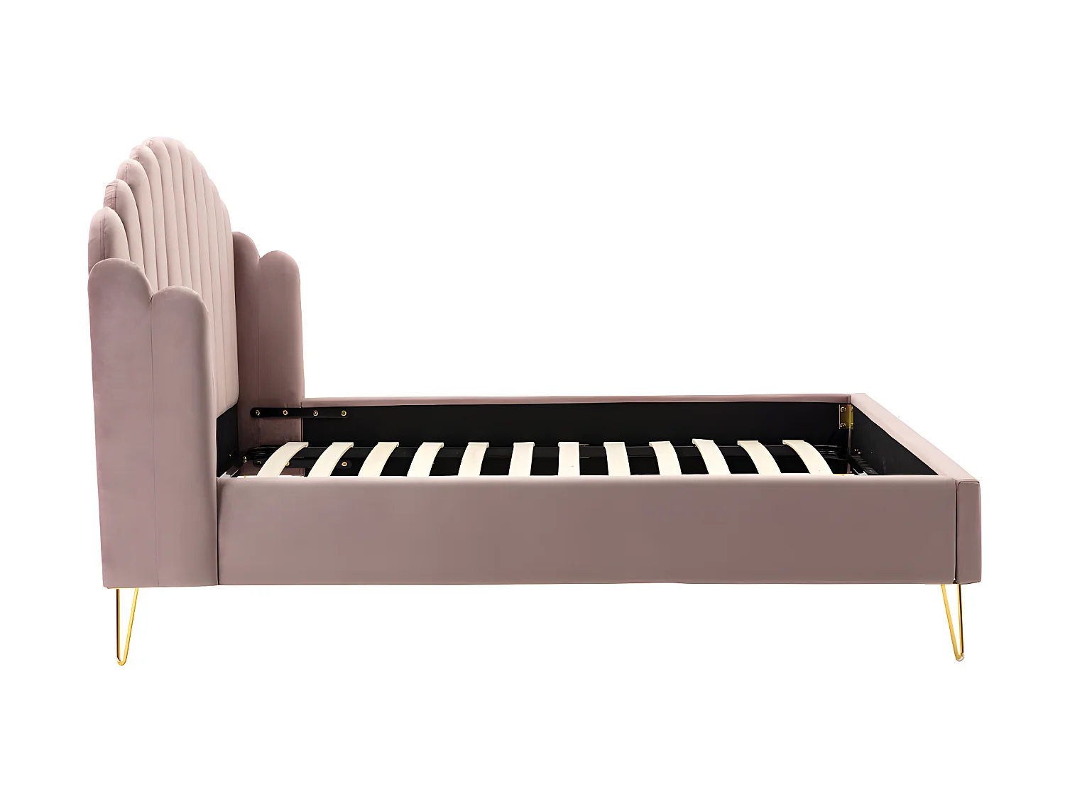 Lit 160 x 200 cm avec tête de lit ondulée - Velours - Vieux rose + Matelas - SAGALI