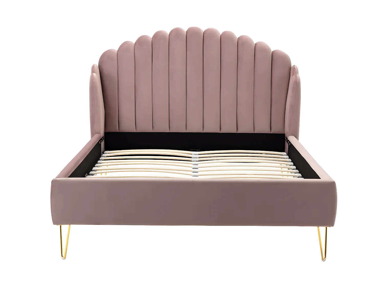 Lit 160 x 200 cm avec tête de lit ondulée - Velours - Vieux rose + Matelas - SAGALI