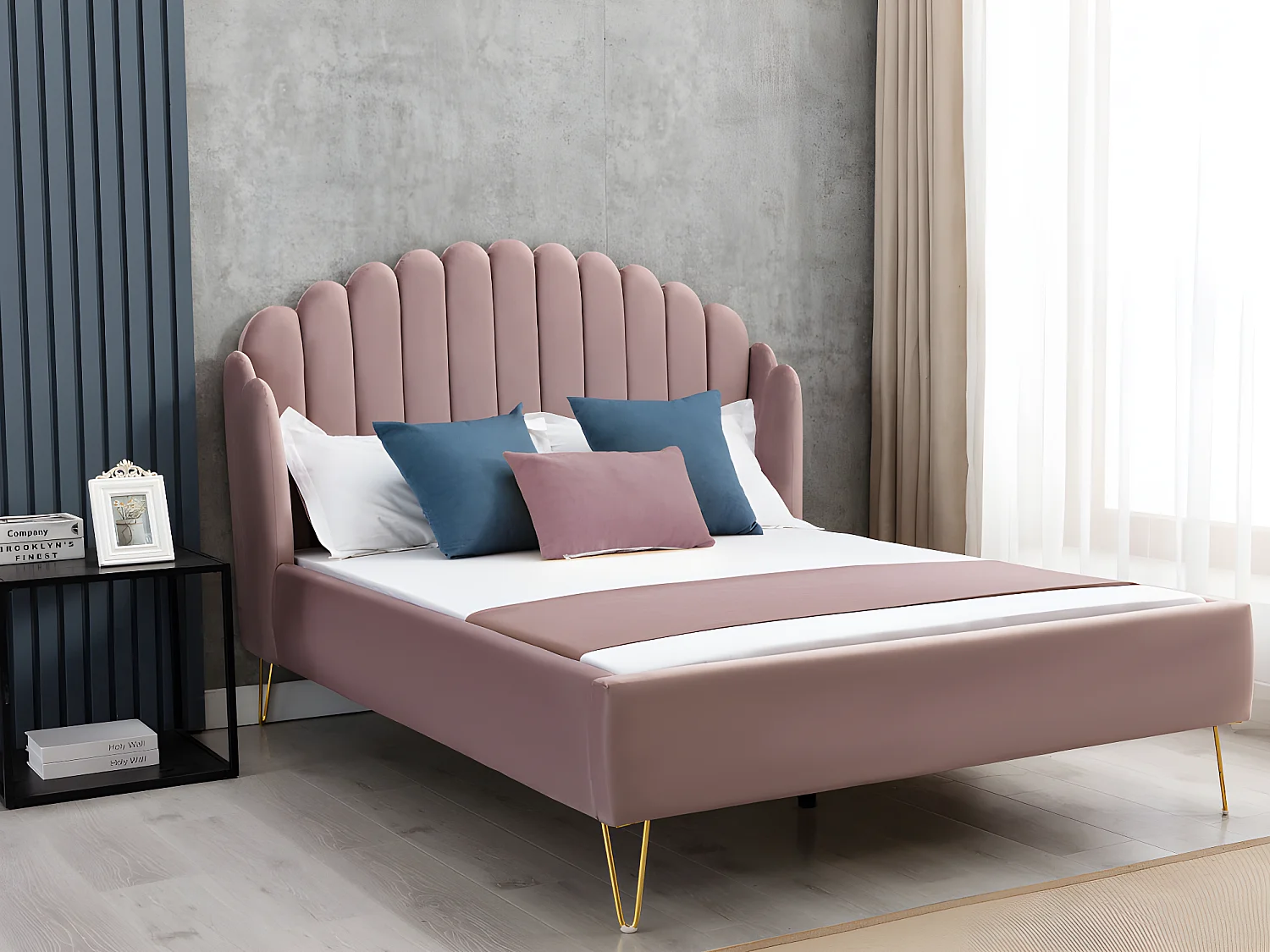 Lit 160 x 200 cm avec tête de lit ondulée - Velours - Vieux rose + Matelas - SAGALI