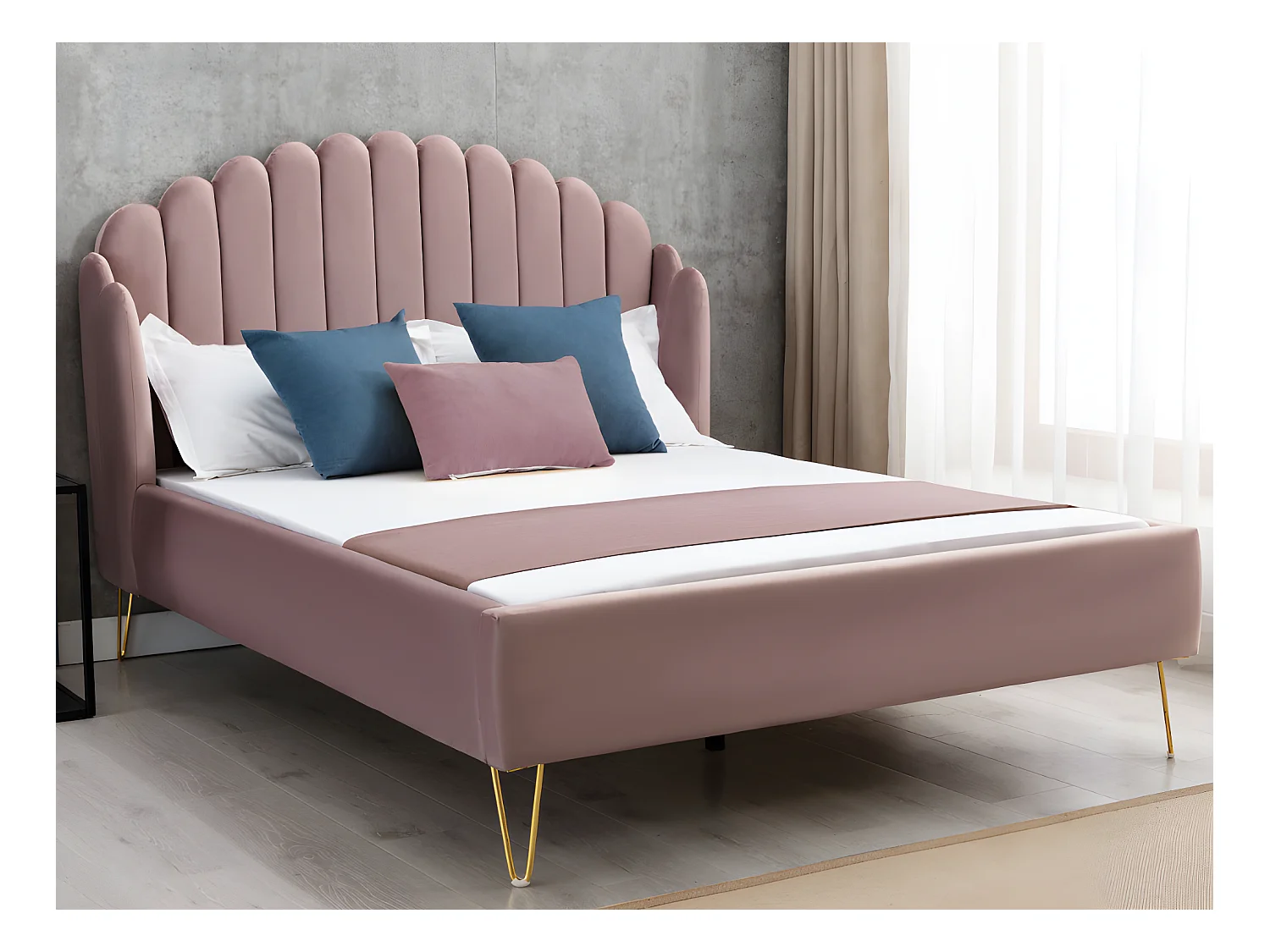 Lit 160 x 200 cm avec tête de lit ondulée - Velours - Vieux rose + Matelas - SAGALI